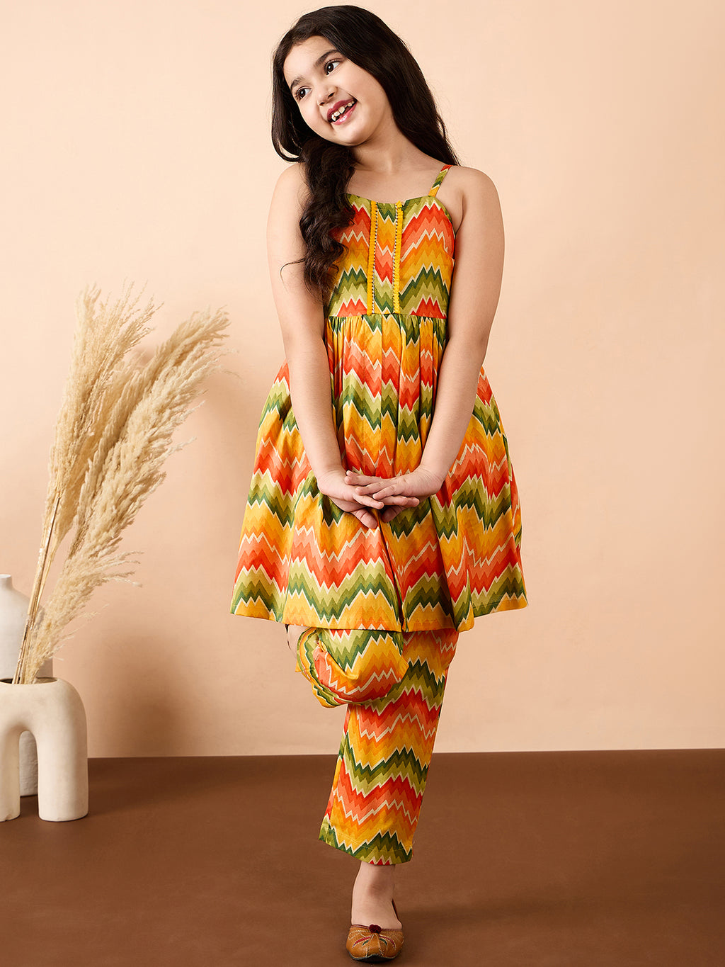 Girls Ankle Length All over Print Kurti Set - Multi