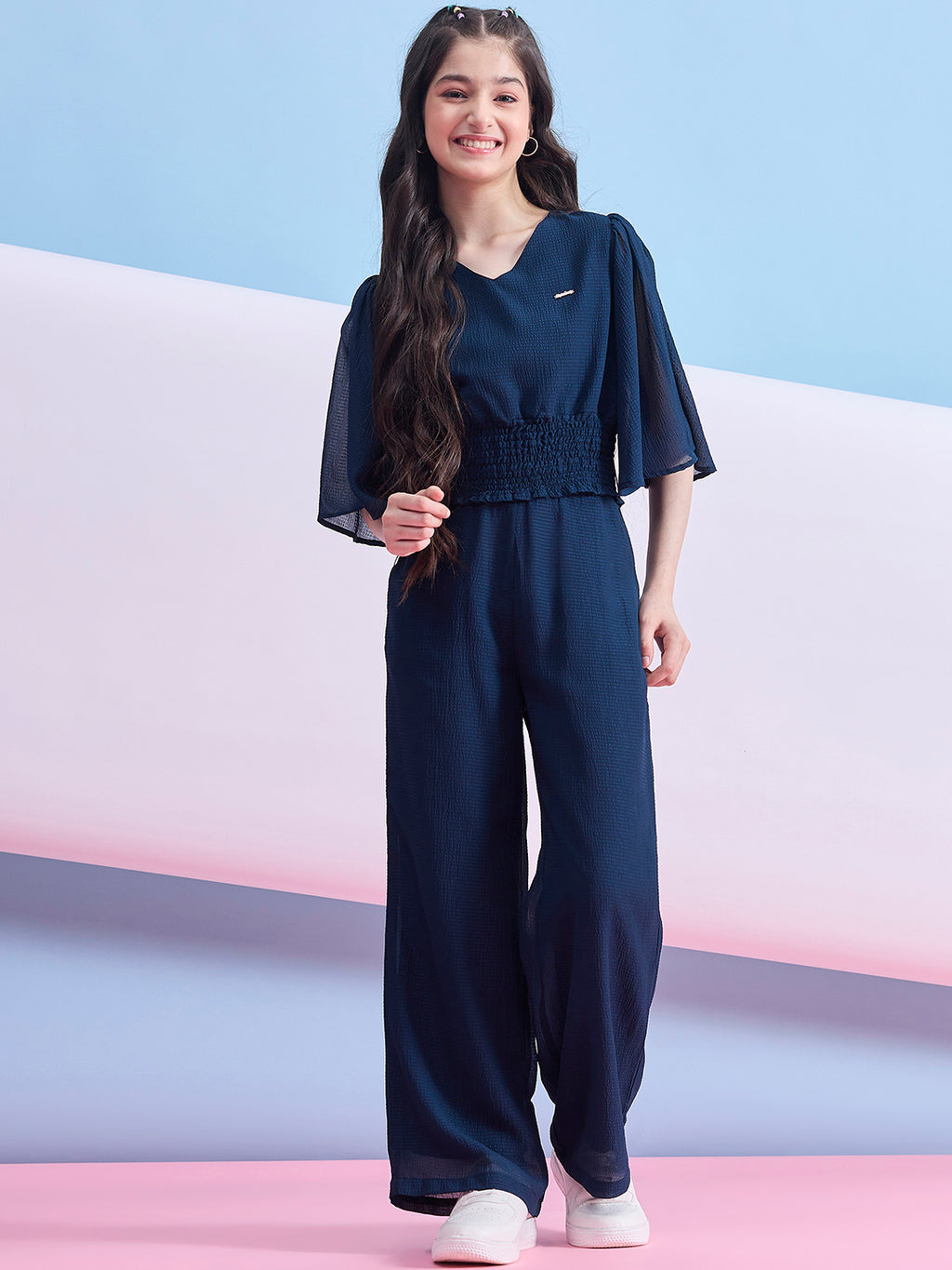 Girls Ankle Length Solid Top With Pants - Navy Blue