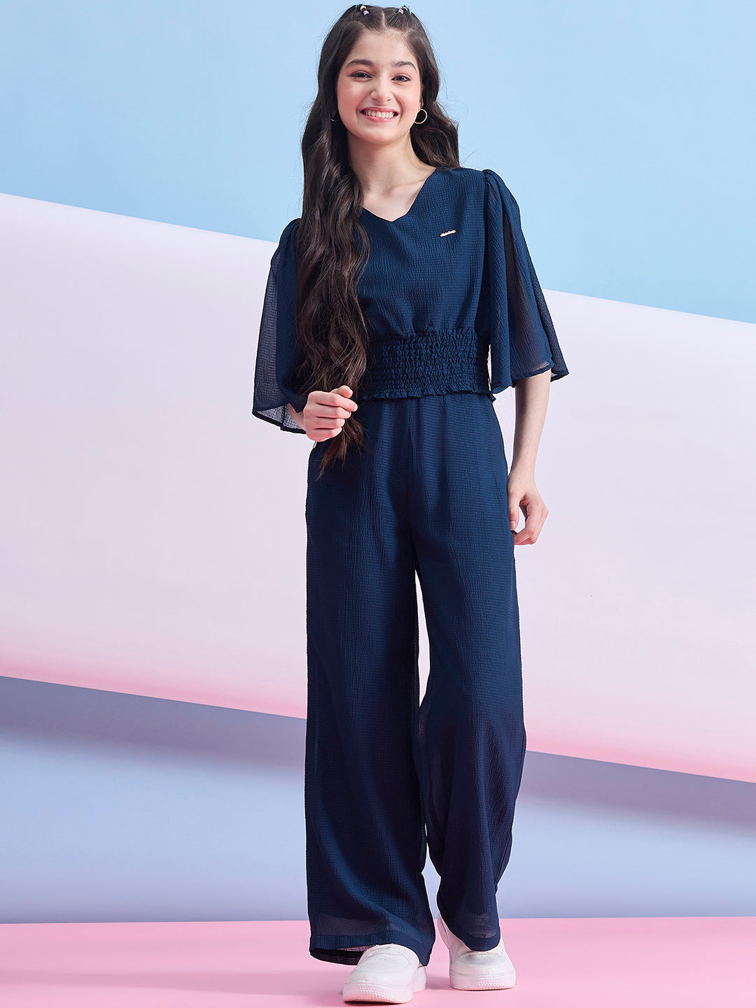 Girls Ankle Length Solid Top With Pants - Navy Blue