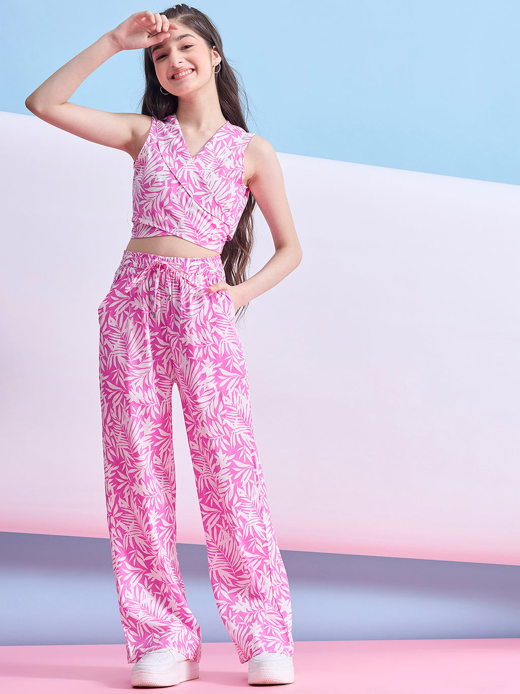 Girls Ankle Length Printed Top With Pants - Pink