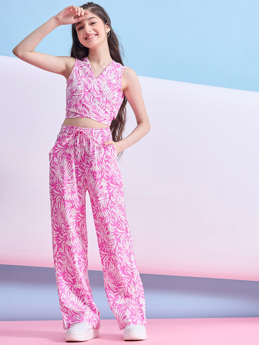 Girls Ankle Length Printed Top With Pants - Pink