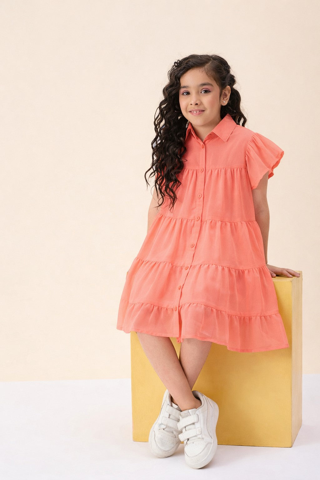 Girls Knee Length Solid Dress - Orange