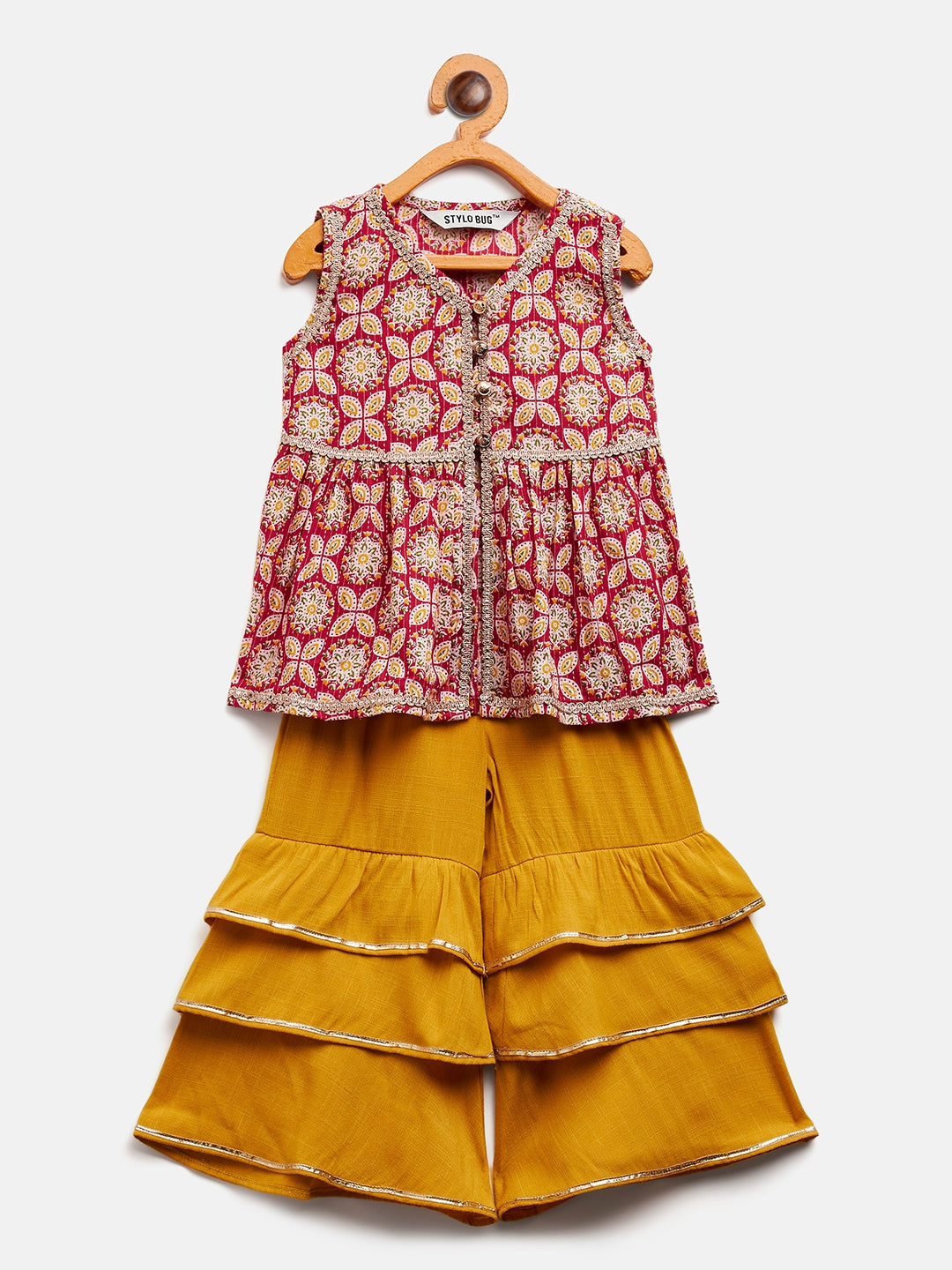 Girls Above Knee Printed Kurti Set - Red