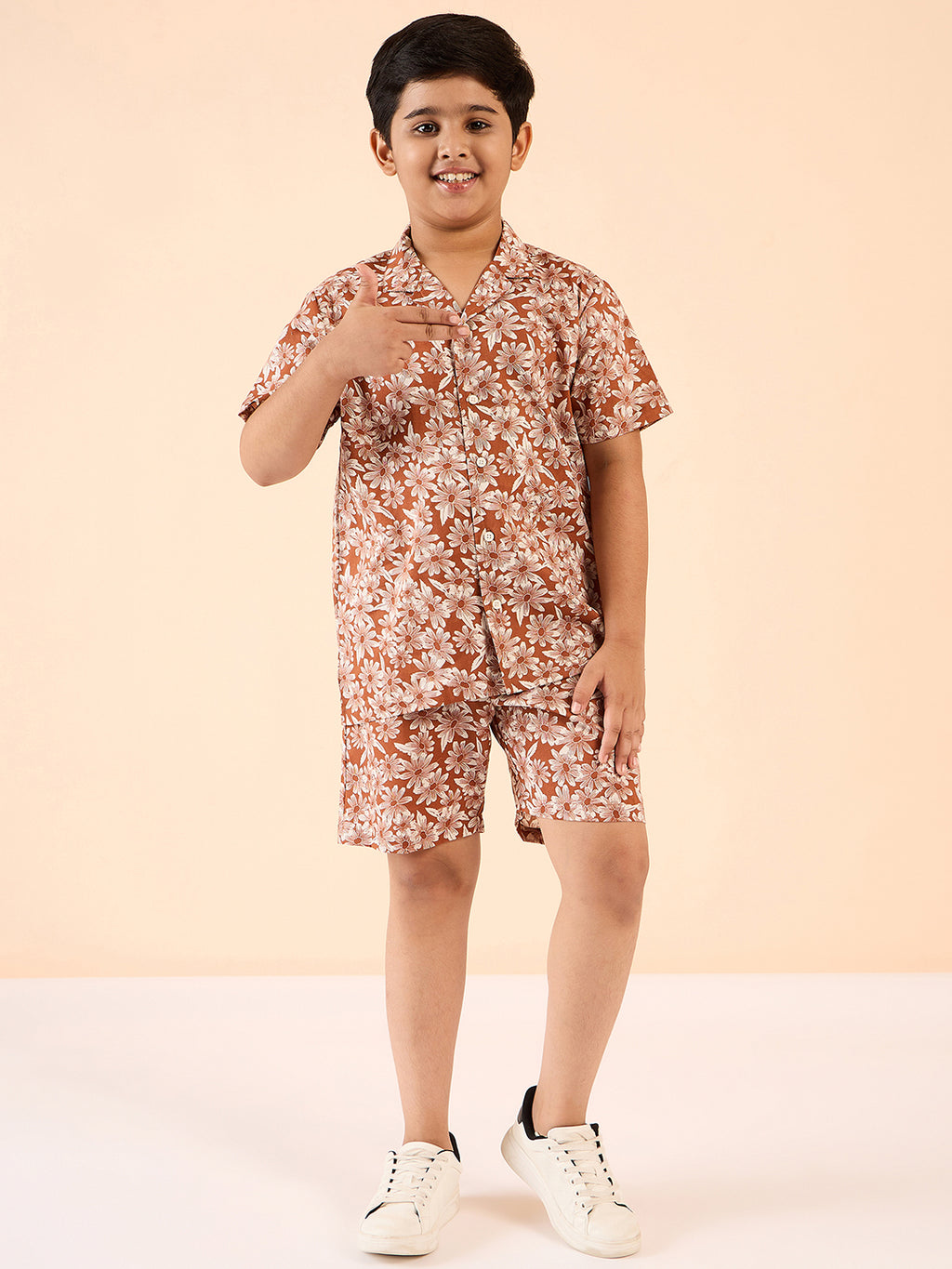 Boys Above Knee Printed Shirt with Shorts - Brown