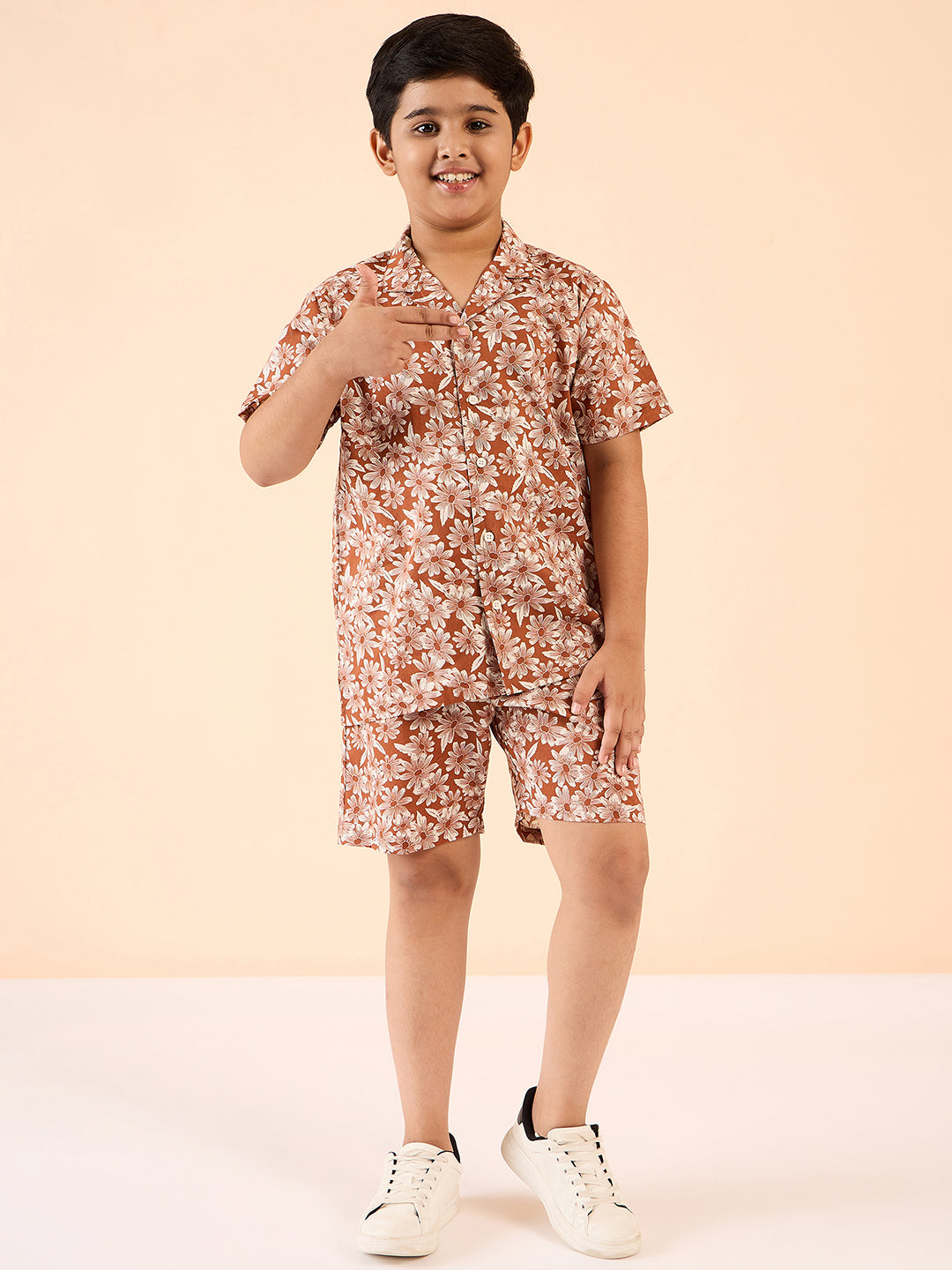 Boys Above Knee Printed Shirt with Shorts - Brown