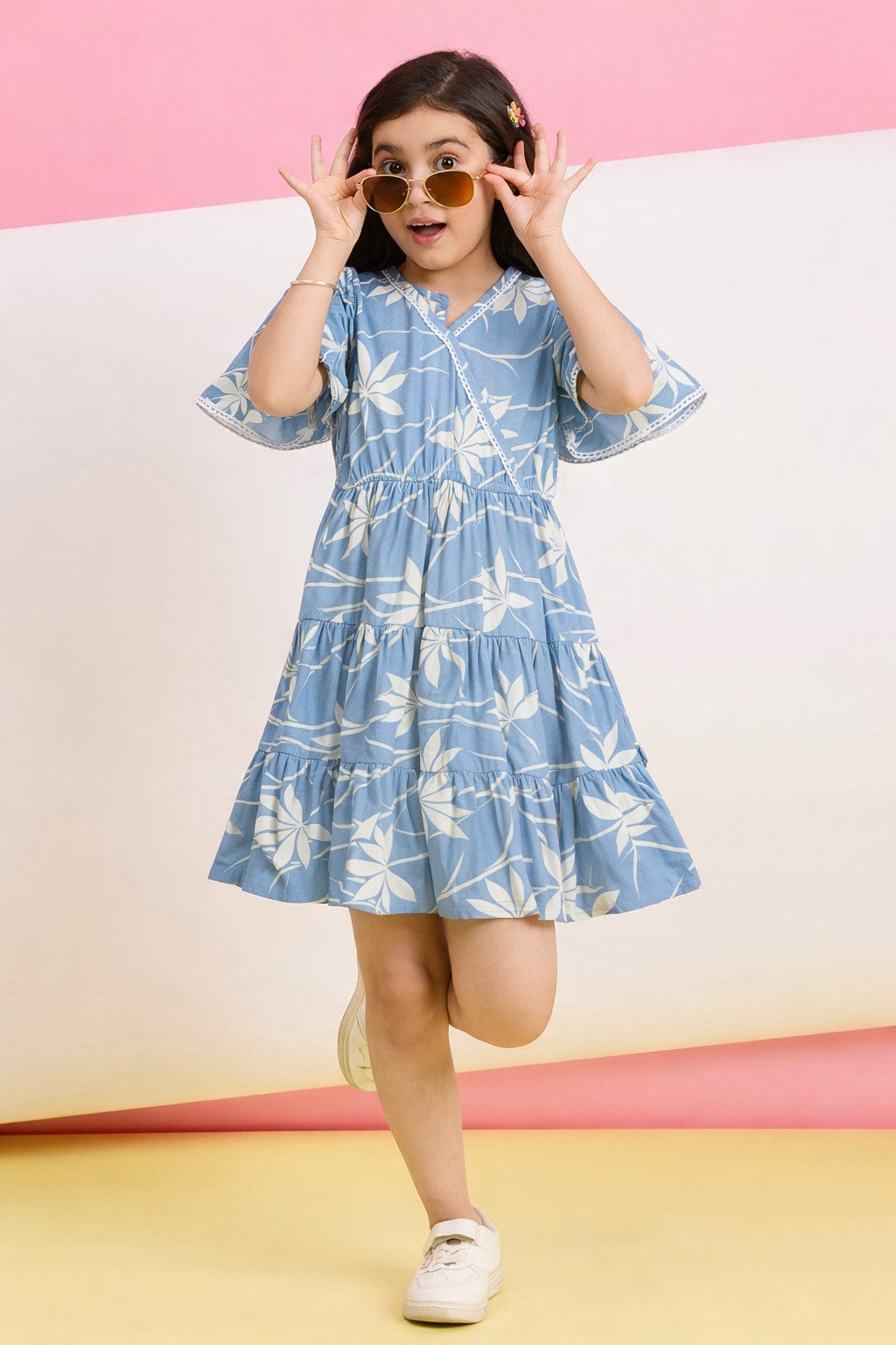 Girls Knee Length All over Print Dress - Blue