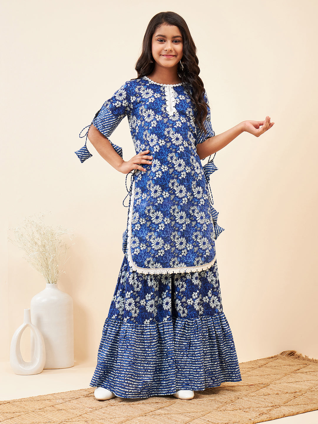 Girls Ankle Length Printed Kurti Set - Navy Blue