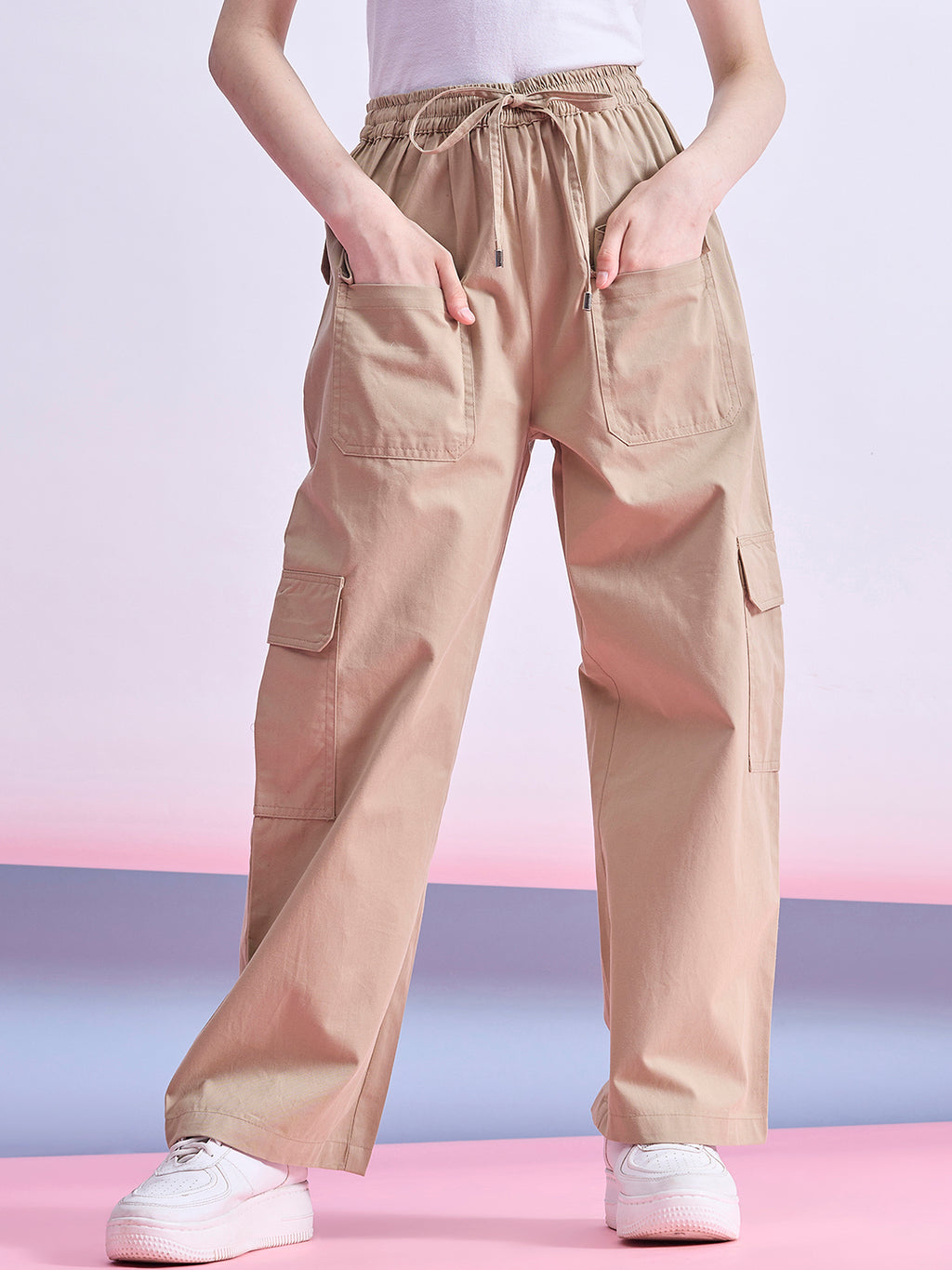Girls Ankle Length Solid Cargo Pants - Beige