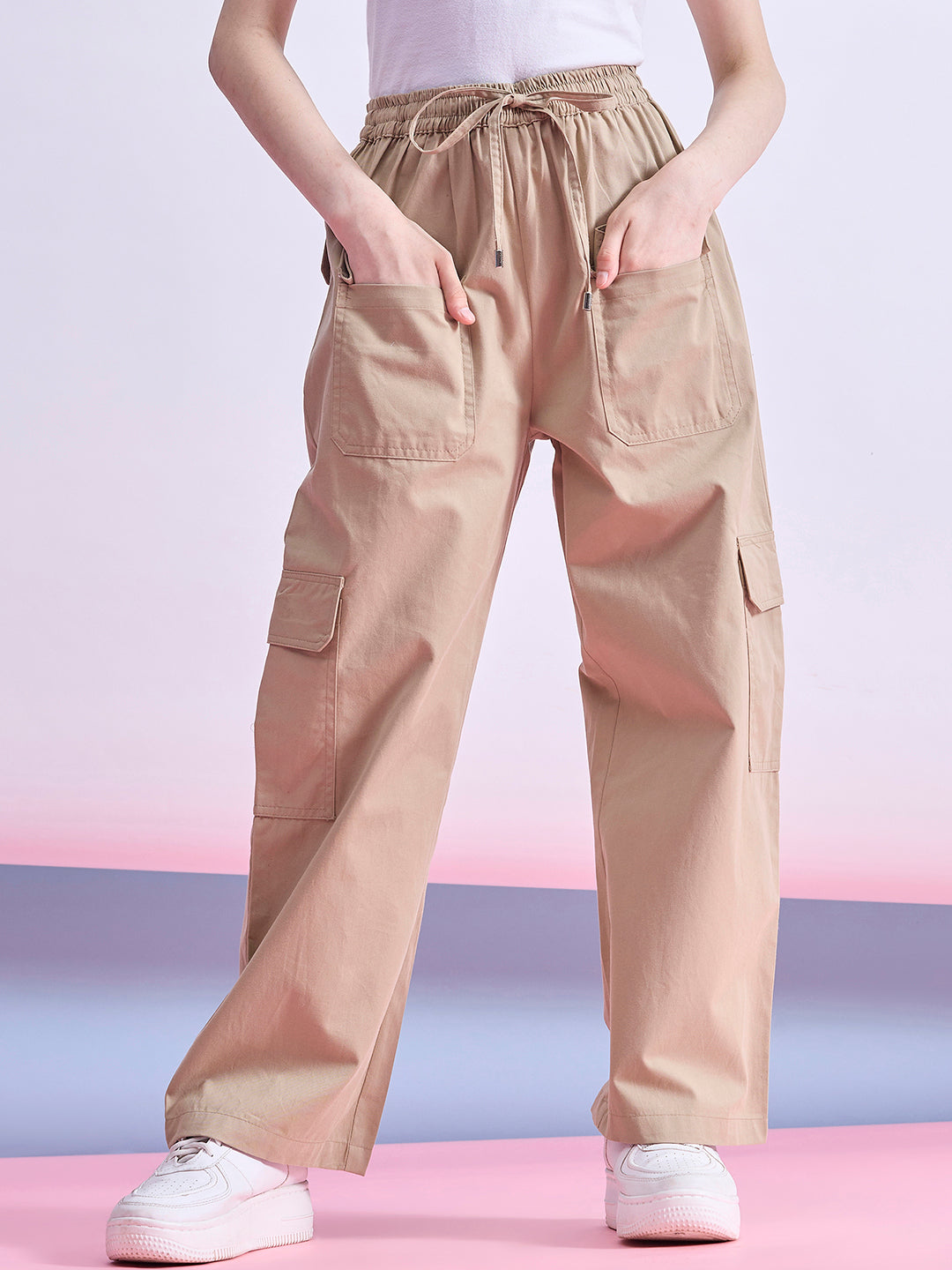 Girls Ankle Length Solid Cargo Pants - Beige