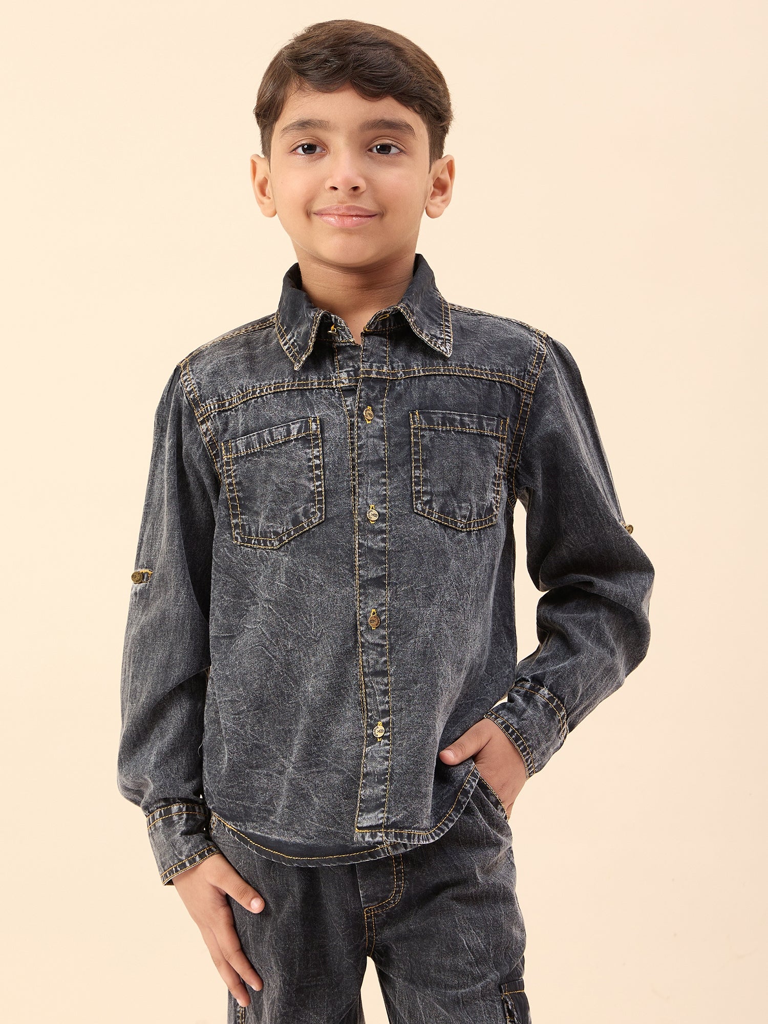 Boys Waist Length Solid Shirts - Black
