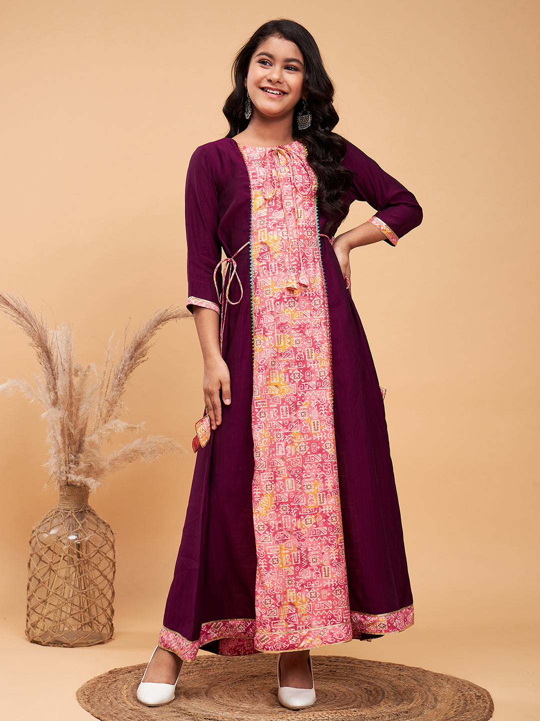 Girls Ankle Length Printed Kurti Set - Purple