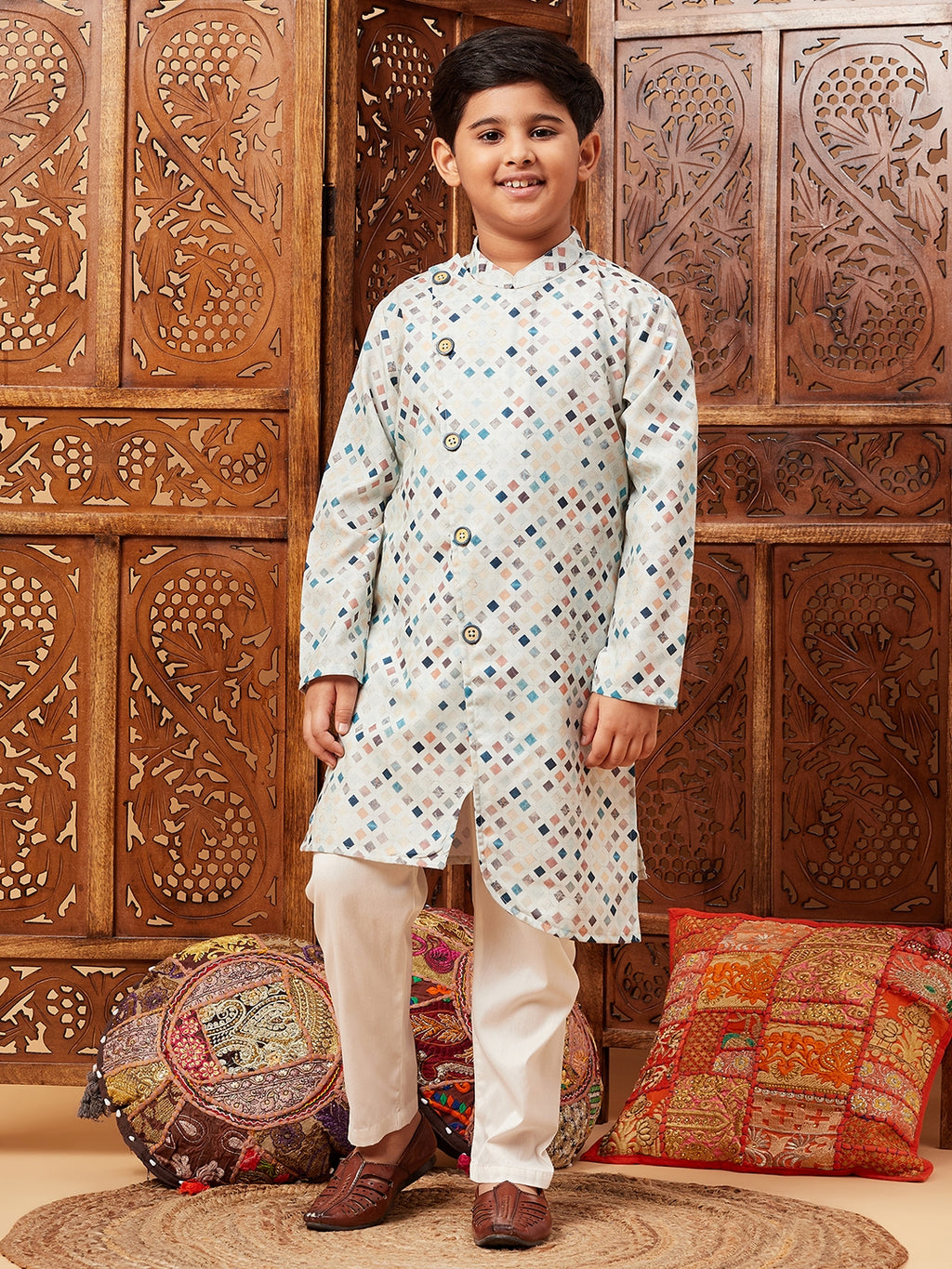Boys Above Knee All over print Kurta Set - Blue