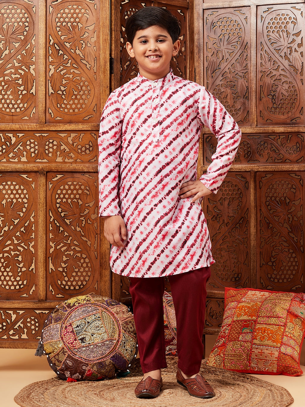 Boys Above Knee All over print Kurta Set - Maroon