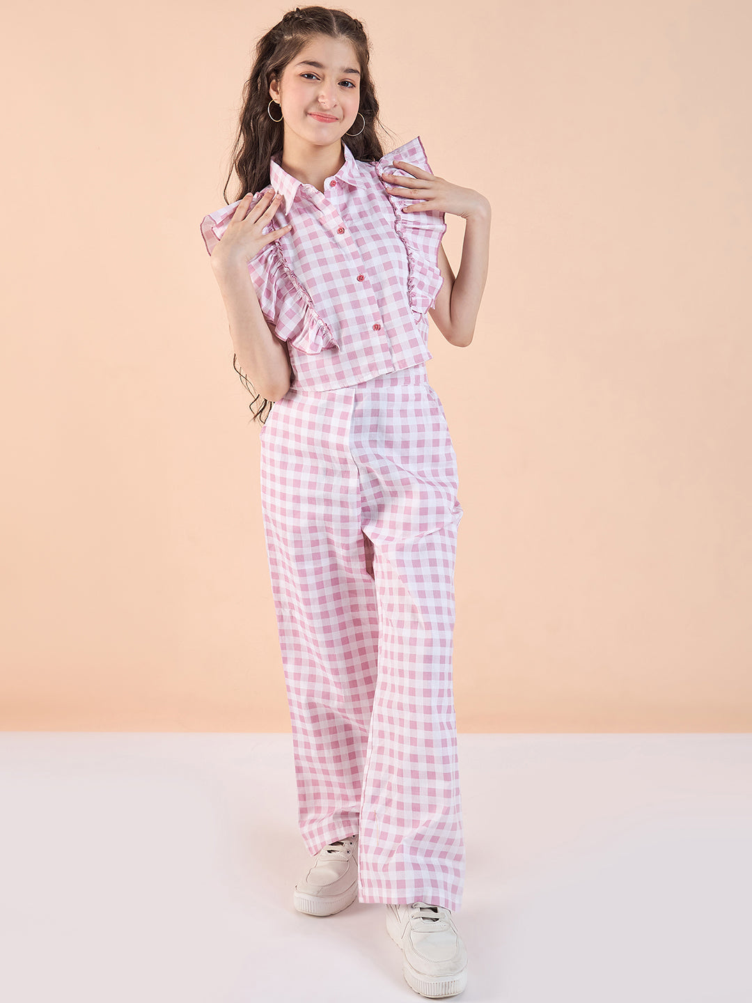 Girls Hip length Printed Top With Pants - Pink