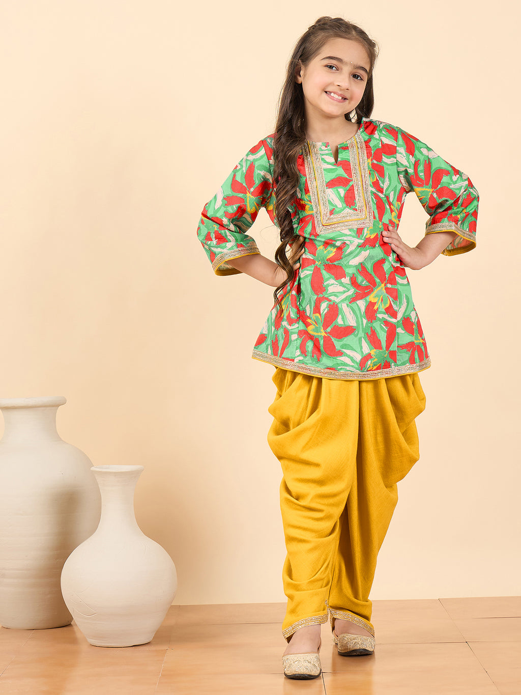 Girls Above Knee All over Print Kurti Set - Green