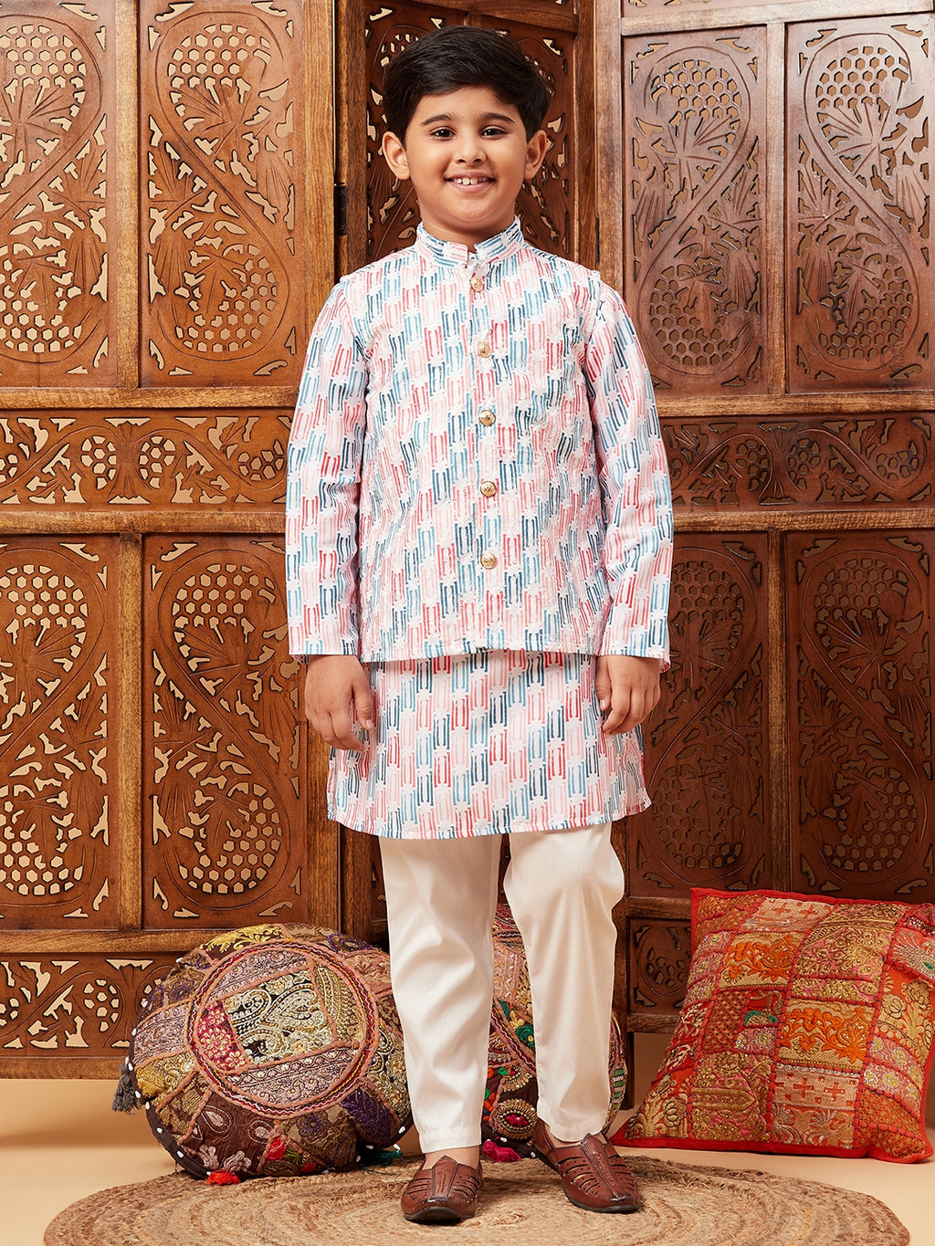 Boys Above Knee Embroidery Kurta Set with Jacket - Multi