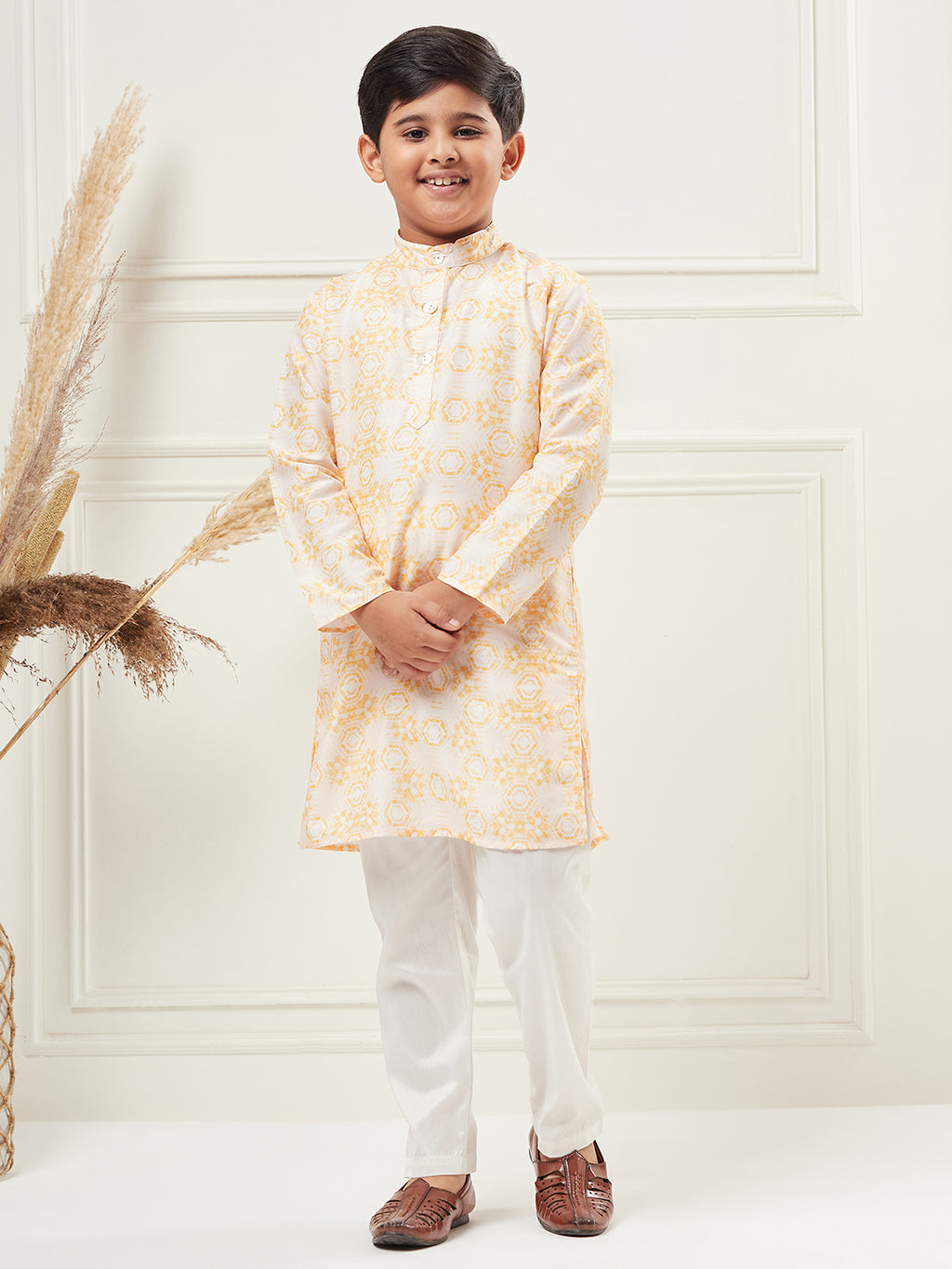 Boys Above Knee All over print Kurta Set - Yellow