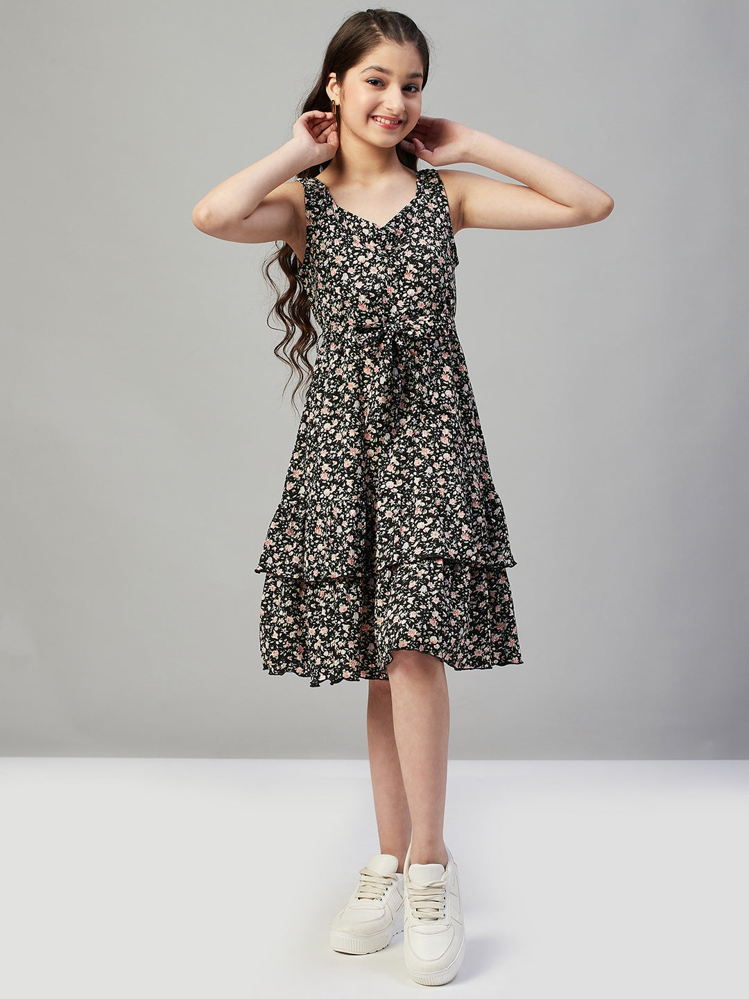 Girls knee length Printed Dress - Black