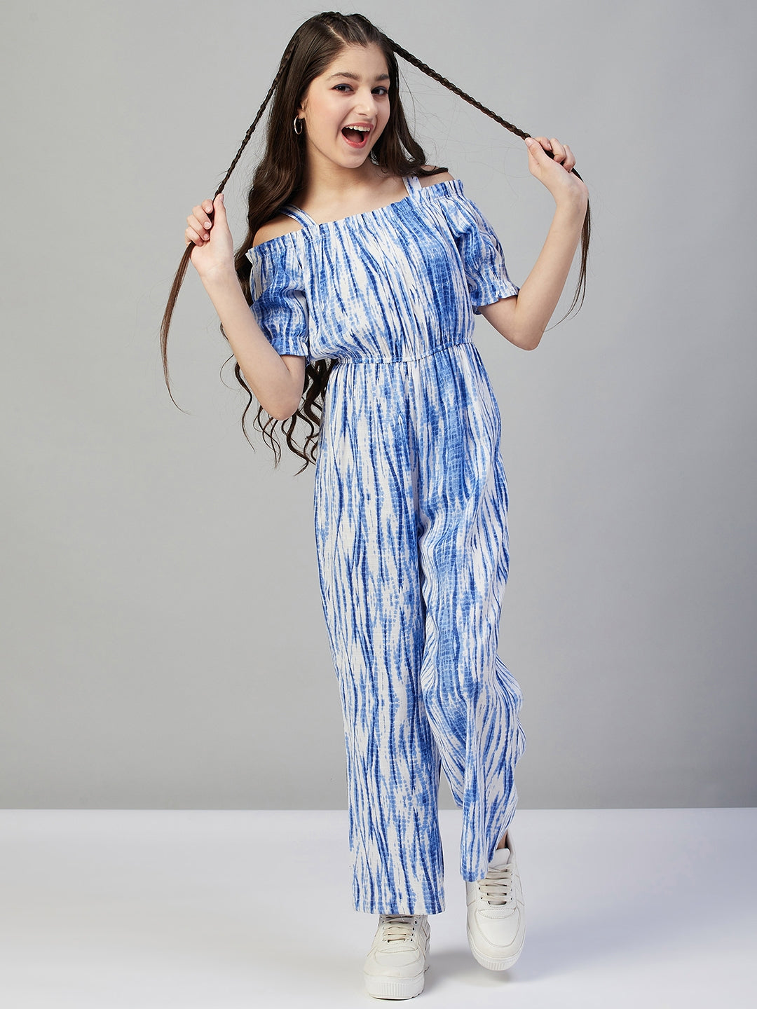 Girls Ankle Length Printed Jumpsuit - Blue