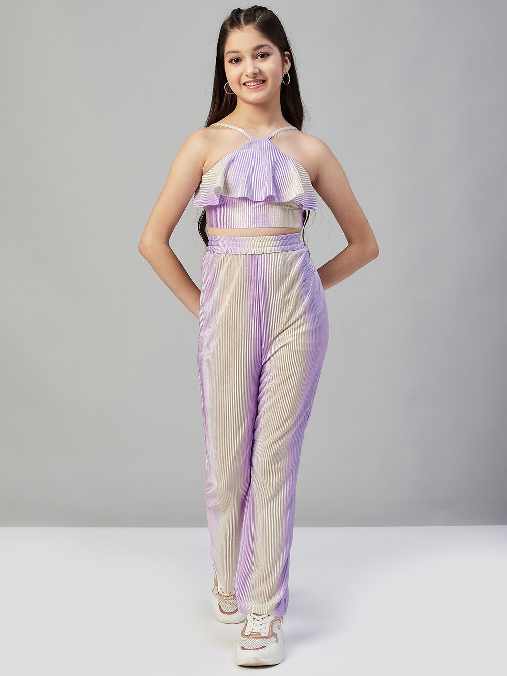 Girls Ankle Length Solid Top With Pants - Purple