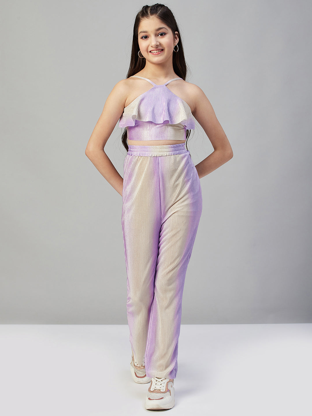 Girls Ankle Length Solid Top With Pants - Purple