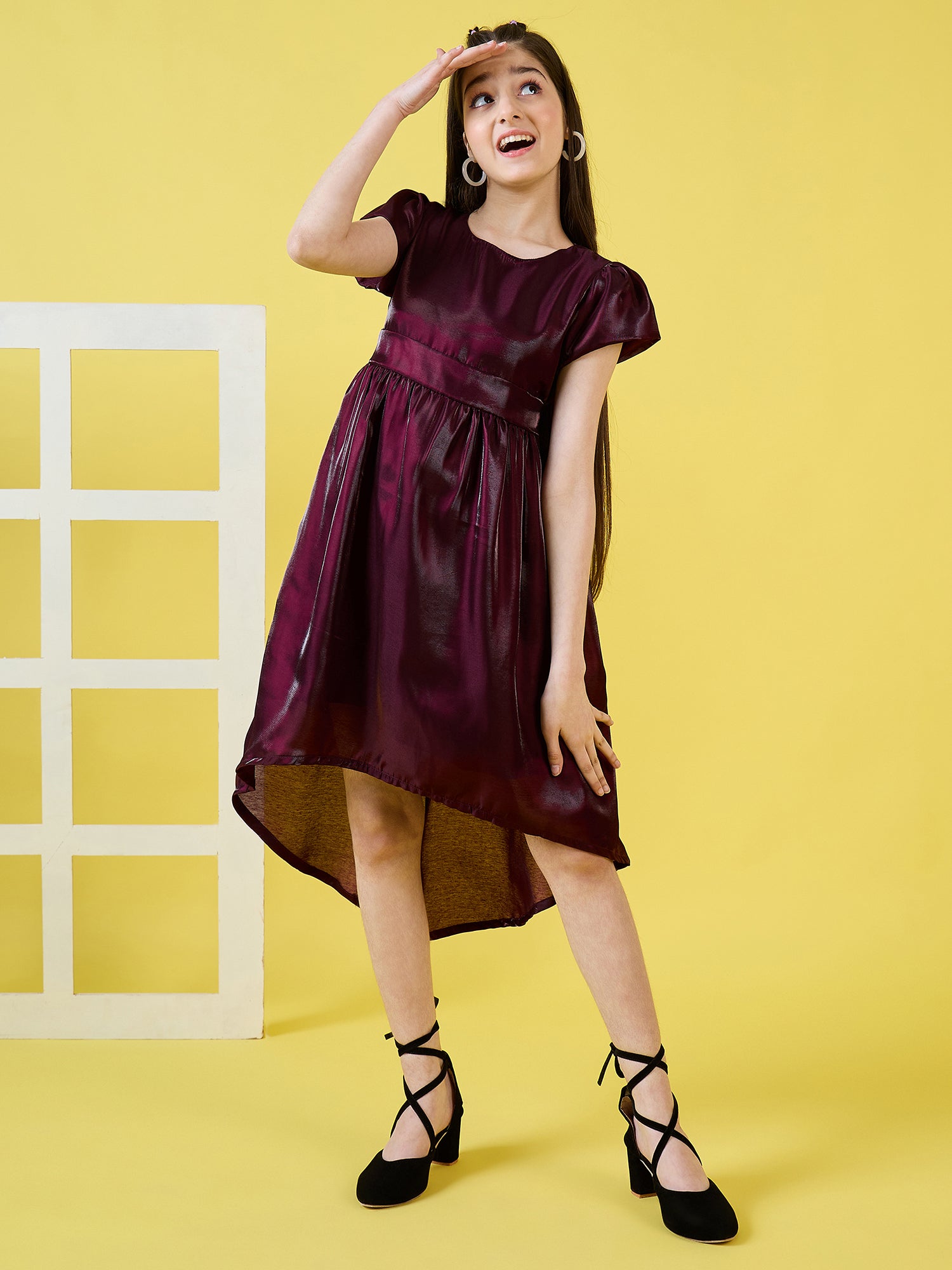 Girls Above Knee Solid Dress - Maroon