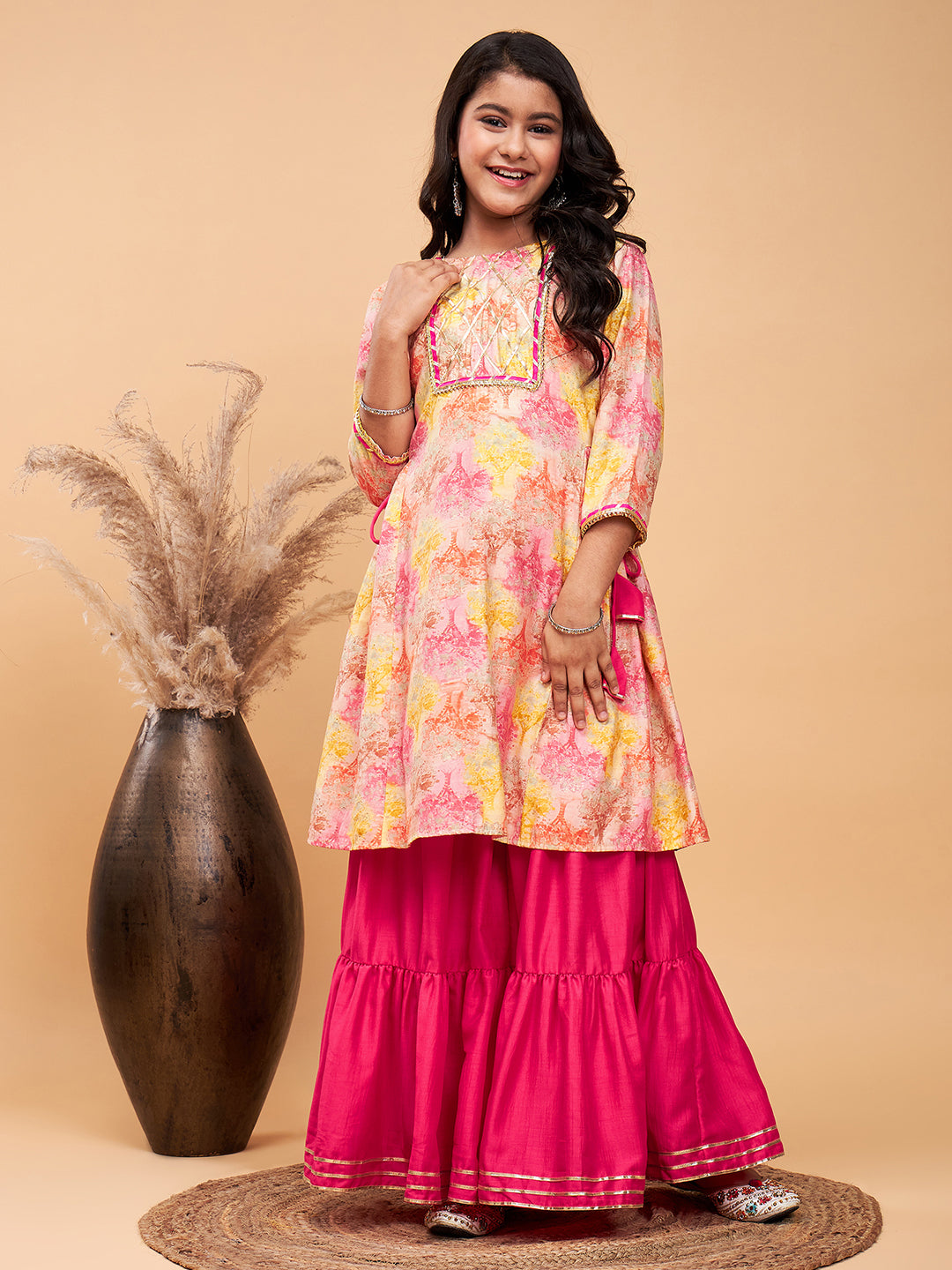 Girls Mid Thigh Printed Kurti Set - Pink