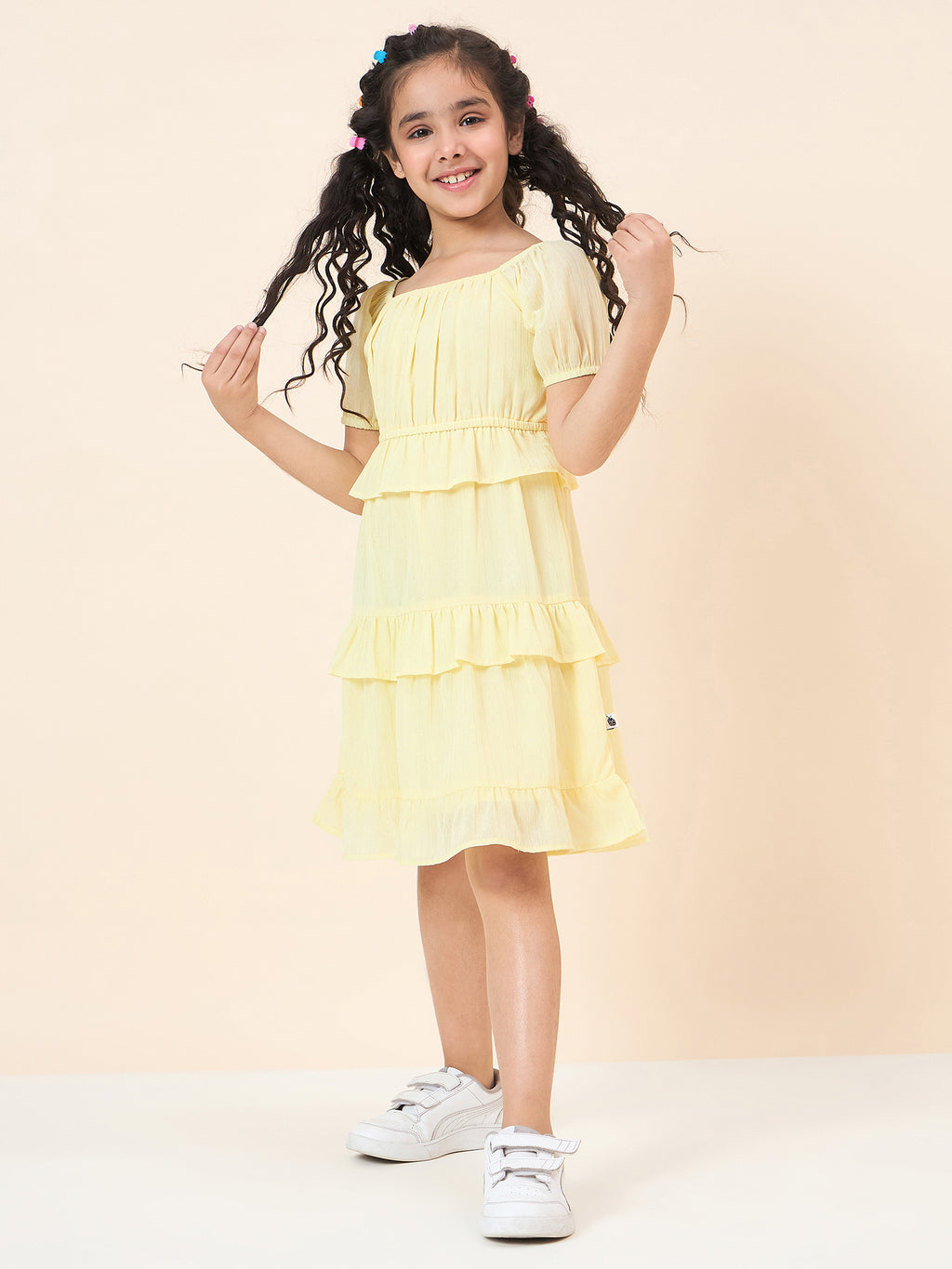 Girls Knee Length Solid Dress - Yellow