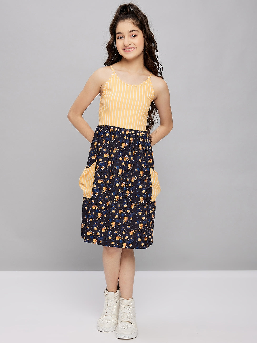 Girls Knee Length Printed Dress - Yellow