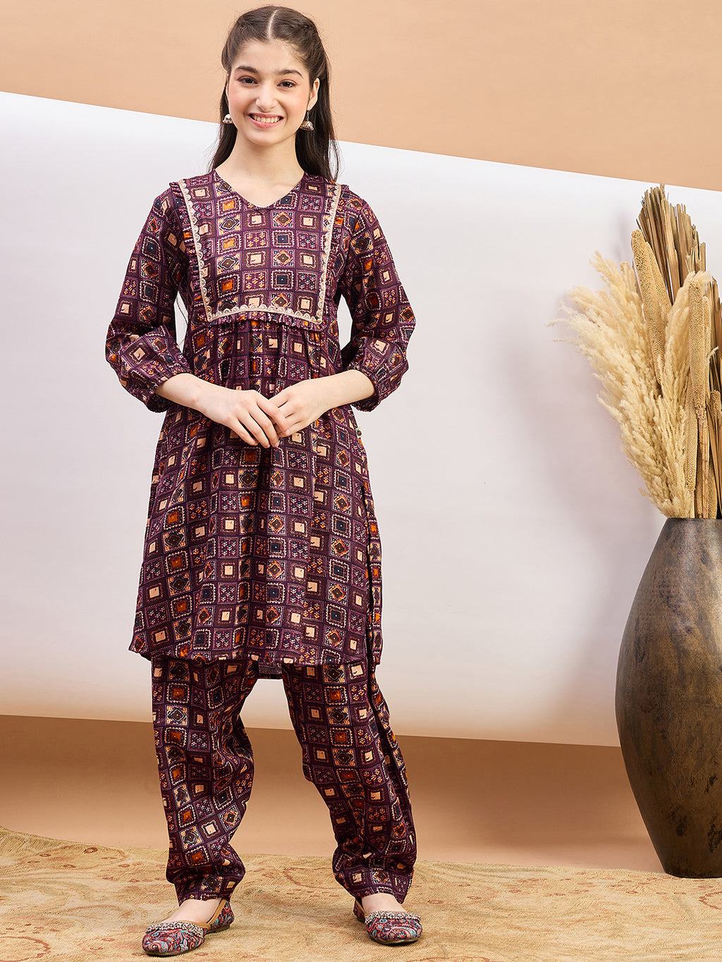 Girls Ankle Length All over Print Kurti Set - Maroon