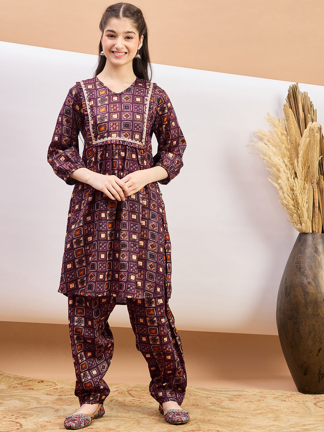 Girls Ankle Length All over Print Kurti Set - Maroon
