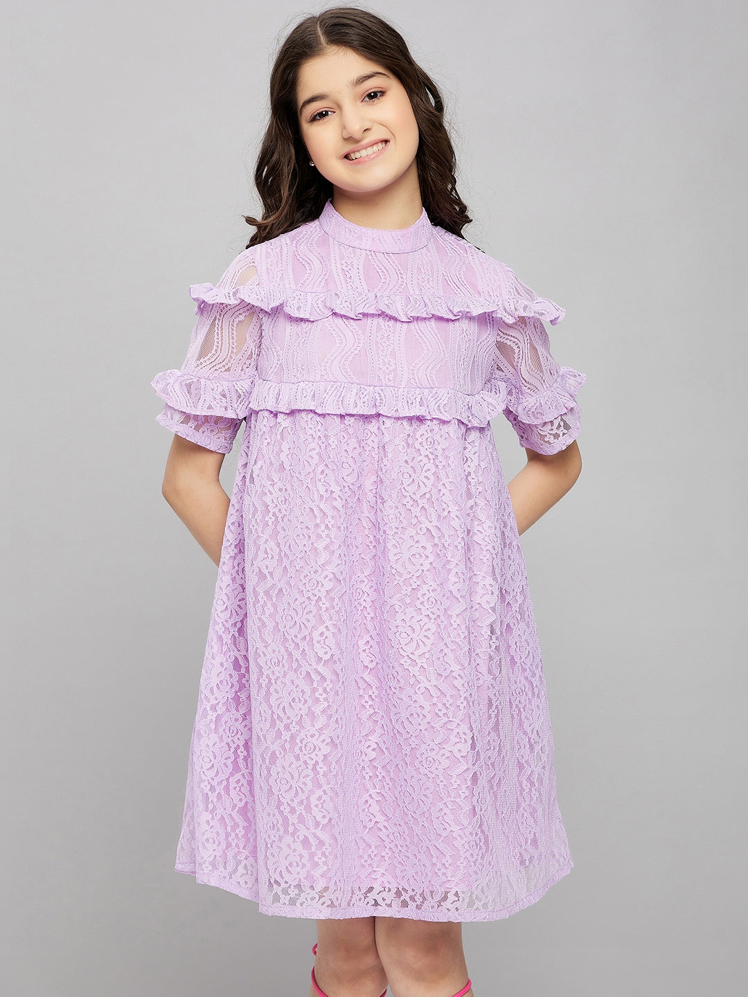 Girls Above Knee Solid Dress - Purple