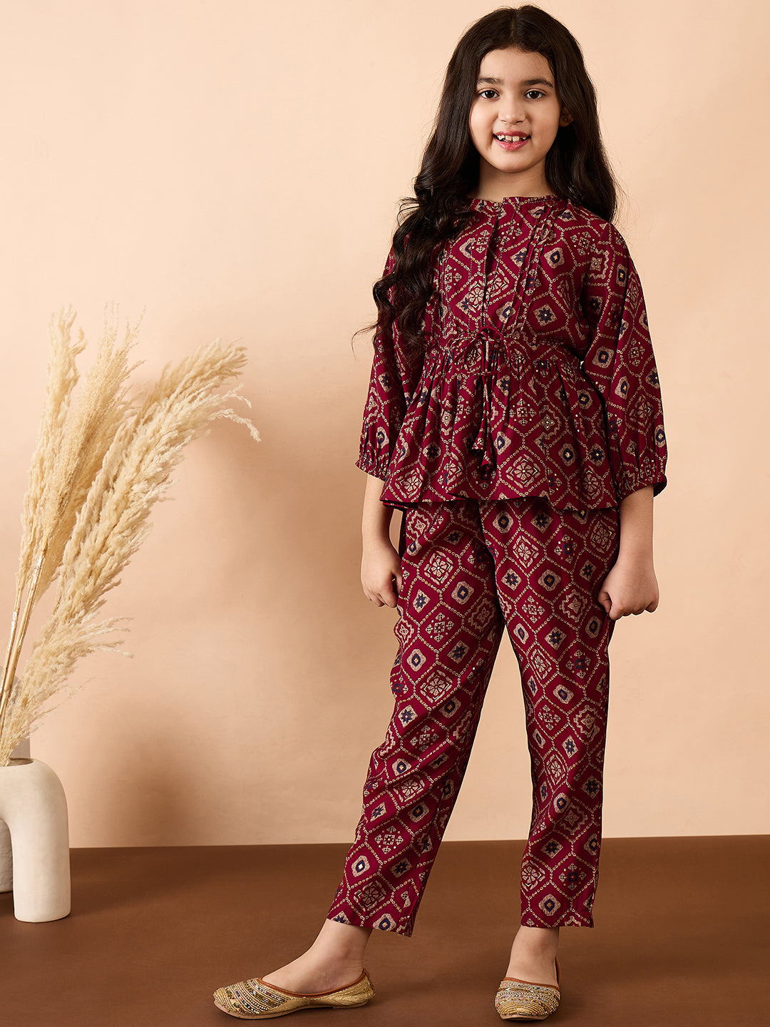 Girls Ankle Length All over Print Kurti Set - Red