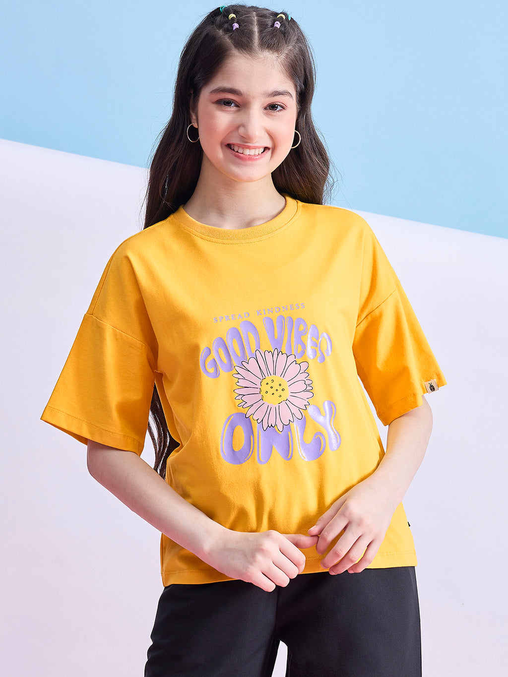 Girls Hip length Printed T-shirt - Yellow