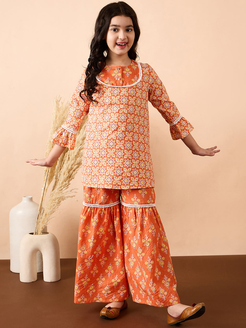 Girls Ankle Length All over Print Kurti Set - Orange