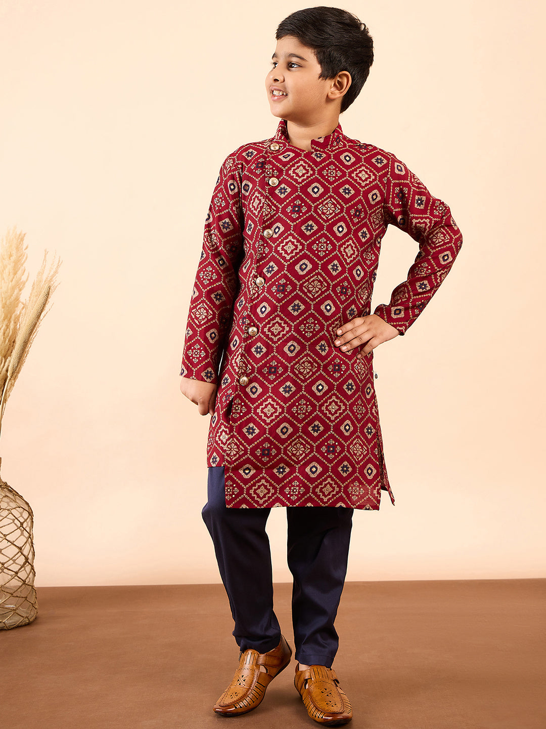 Boys Ankle Length Printed Kurta Set - Red