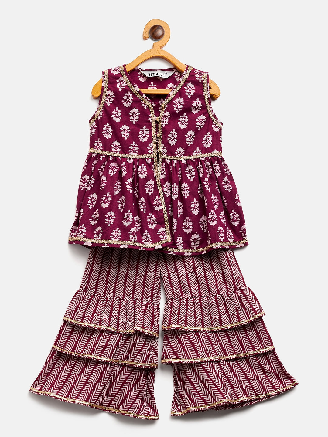 Girls Above Knee Printed Kurti Set - Purple