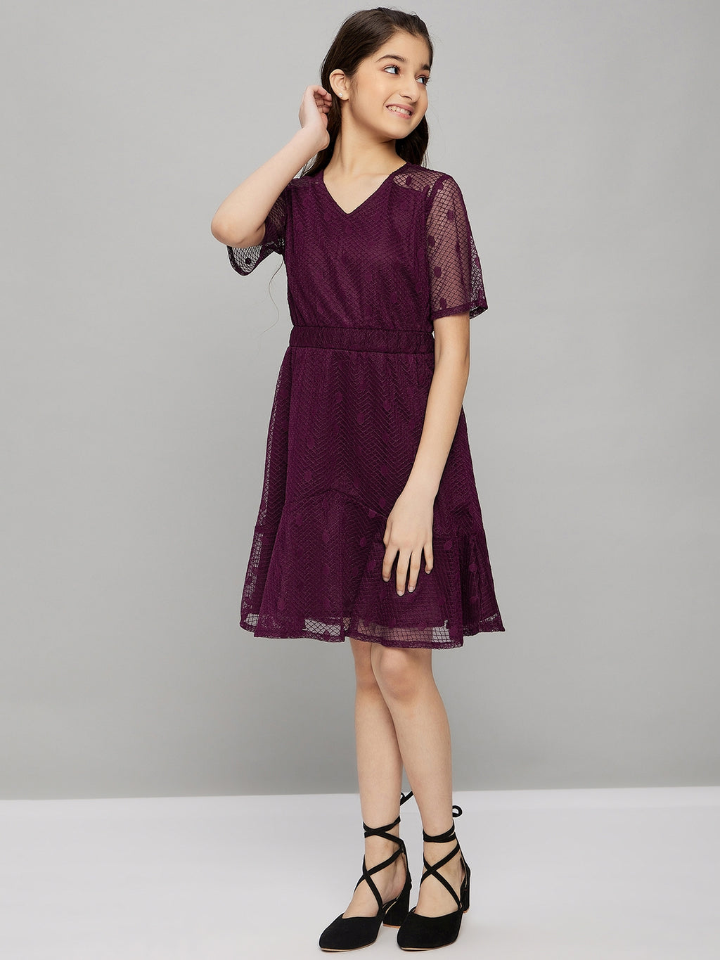 Girls Knee Length Solid Dress - Maroon