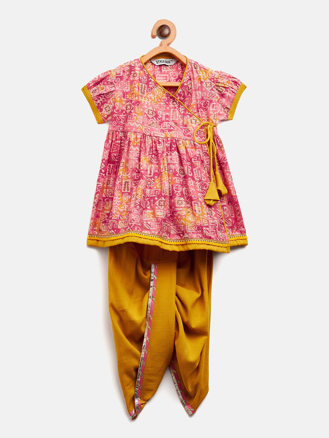 Girls Above Knee Printed Kurti Set - Pink