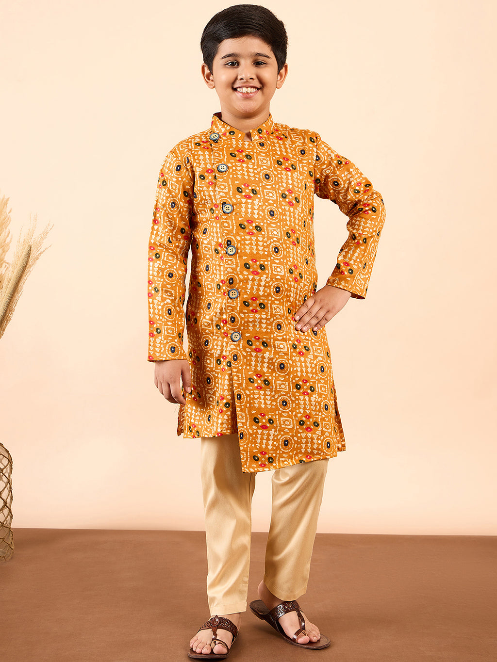 Boys Ankle Length Printed Kurta Set - Yellow