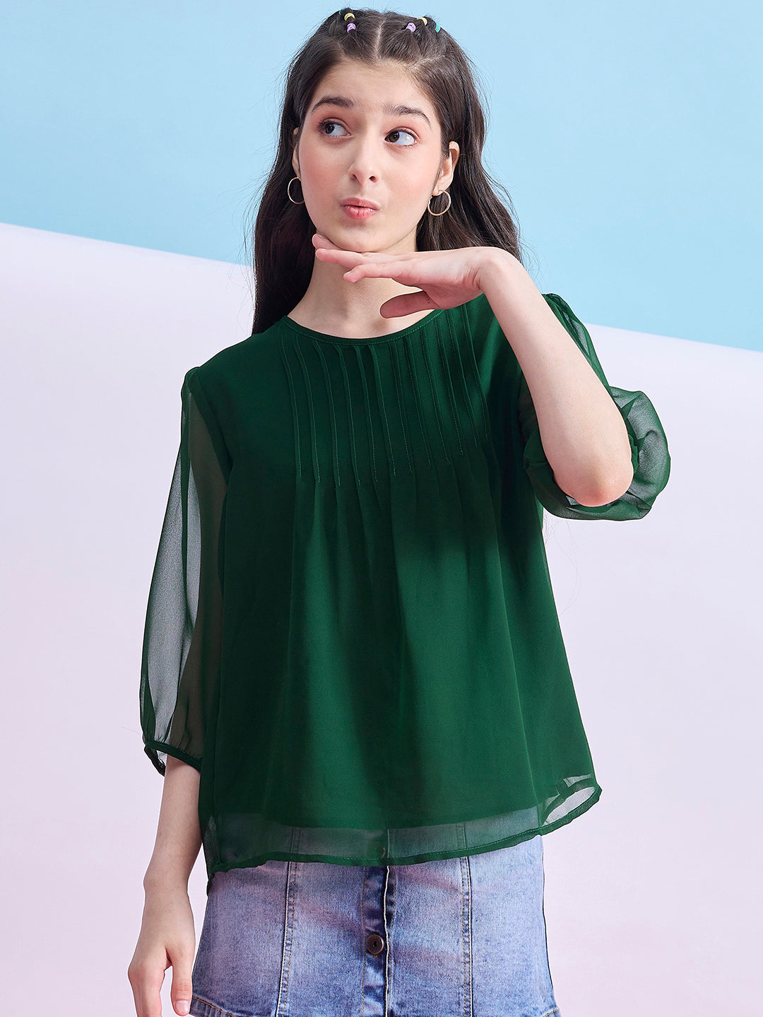 Girls Hip length Solid Top - Green