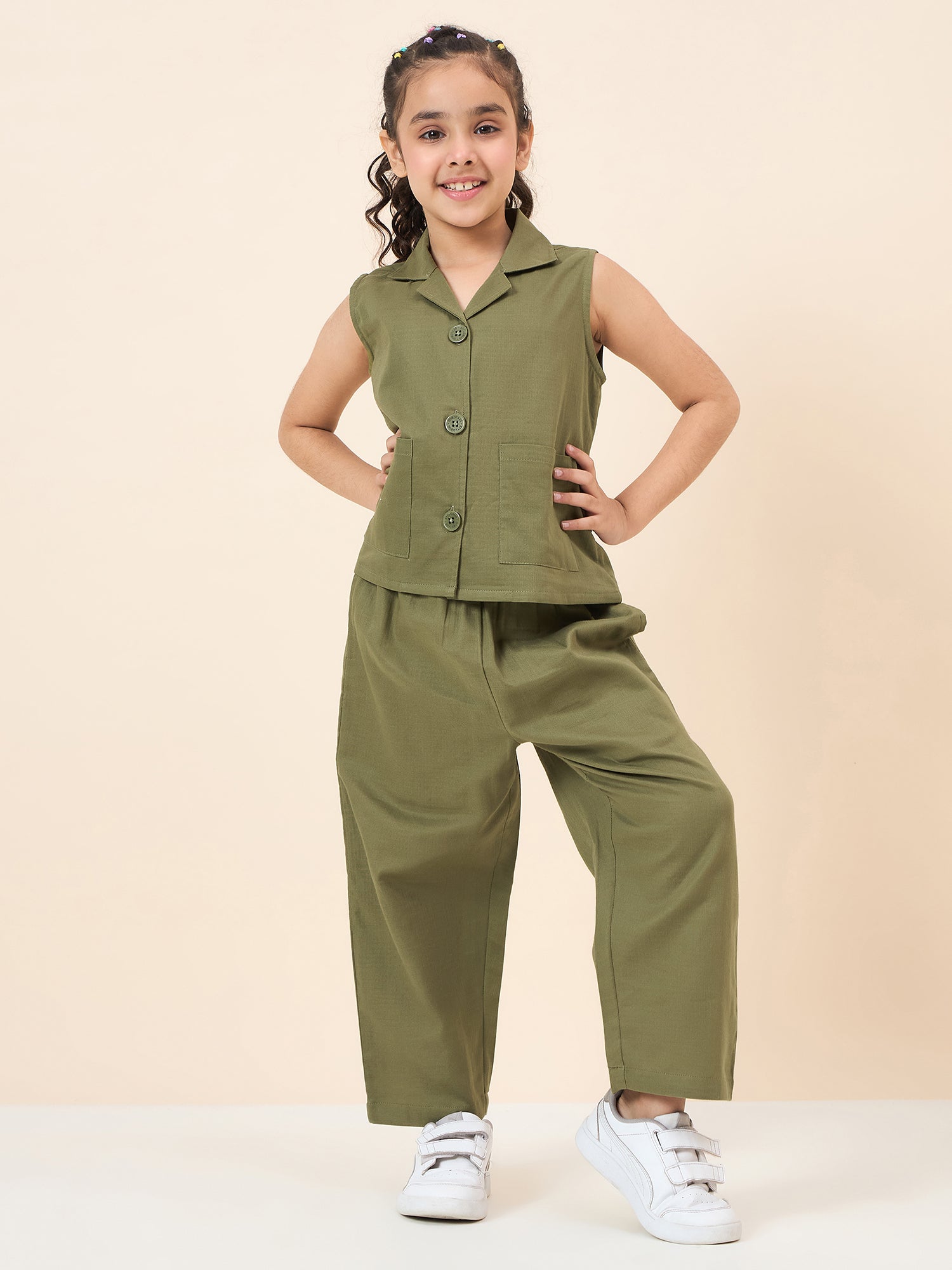 Girls Ankle Length Solid Top With Pants - Green