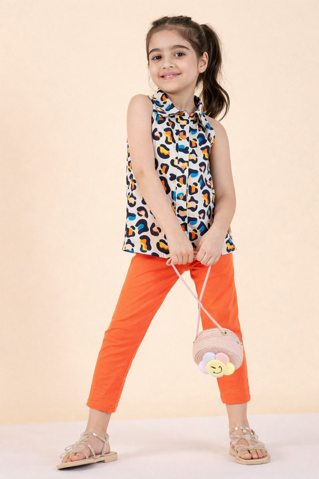Girls Hip Length All over Print Top with Leggings - Multi