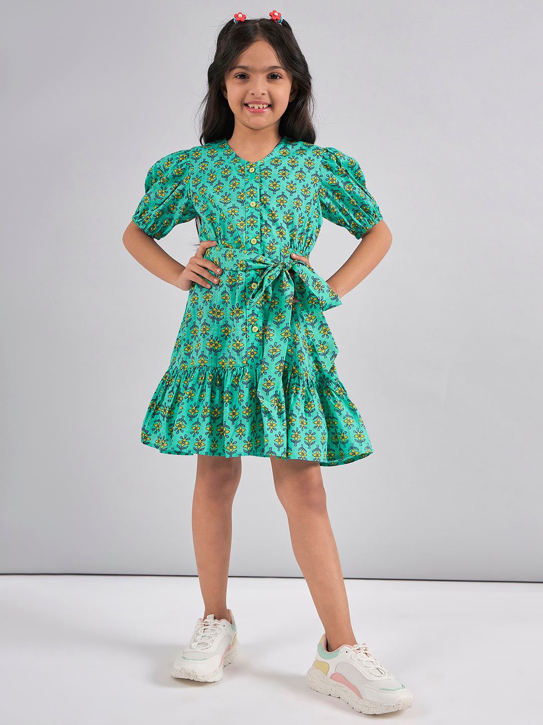 Girls Above Knee Printed Dress - Green