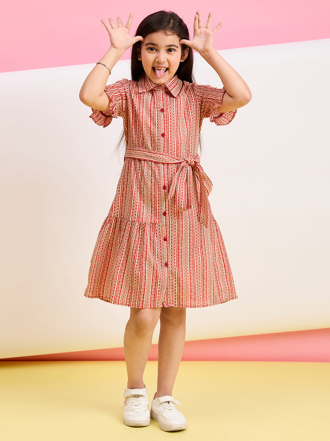 Girls Above knee All over Print Dress - Maroon