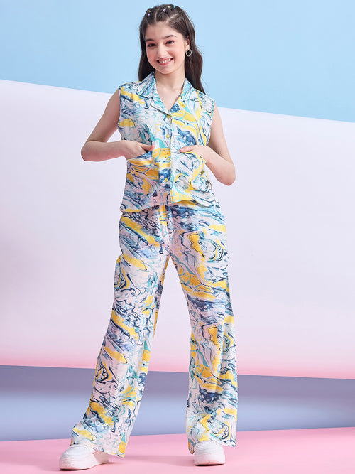 Girls Ankle Length Abstract Print Top With Pants - Multi