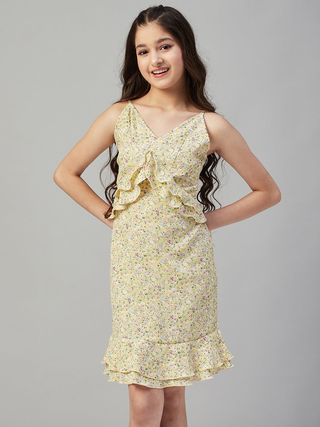 Girls Above Knee Printed Dress - Yellow