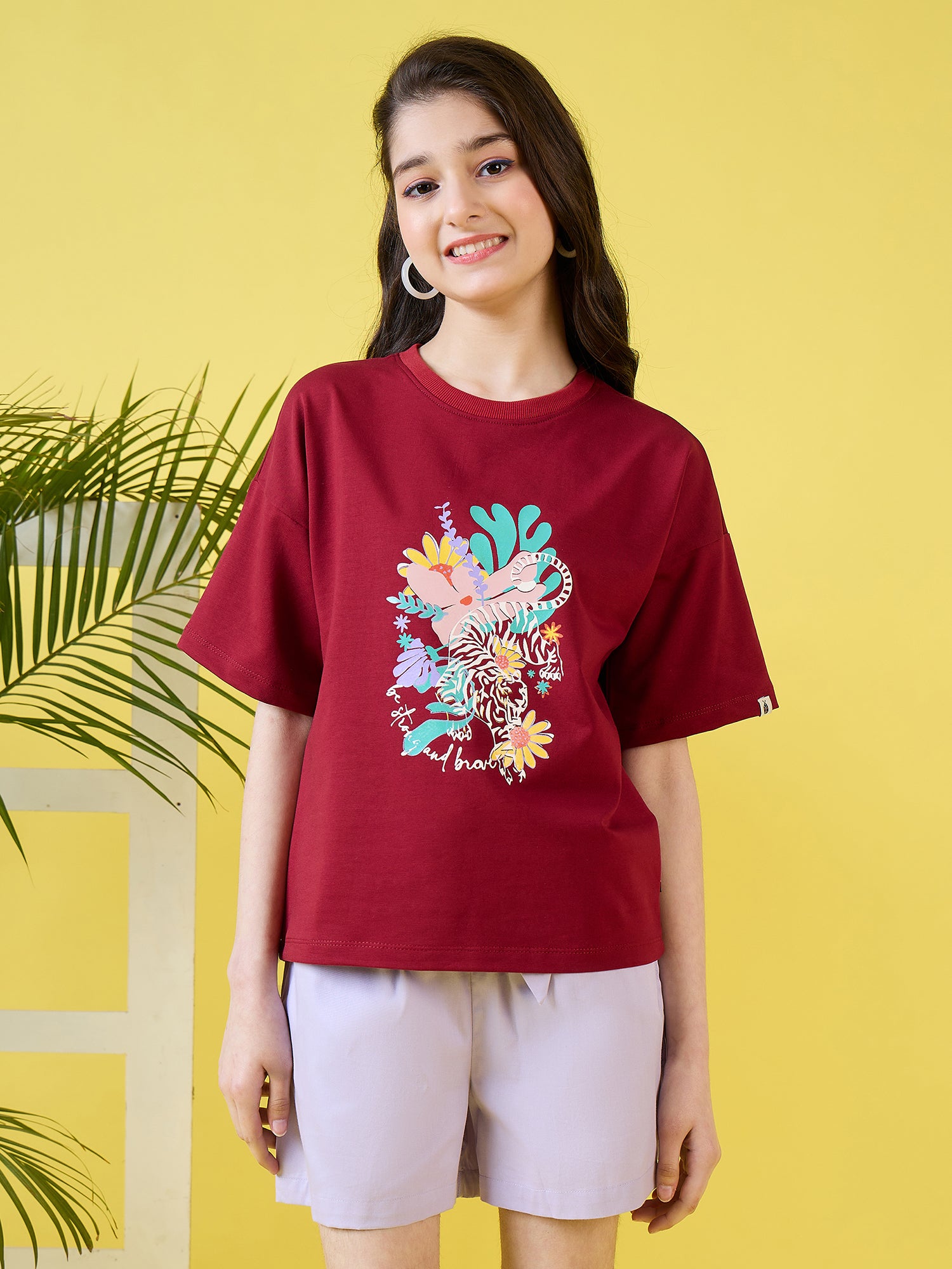 Girls Hip length Printed T-shirt - Maroon