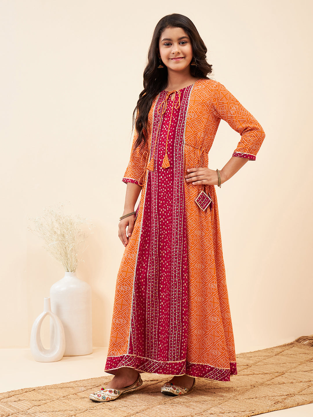 Girls Ankle Length Printed Kurti Set - Orange