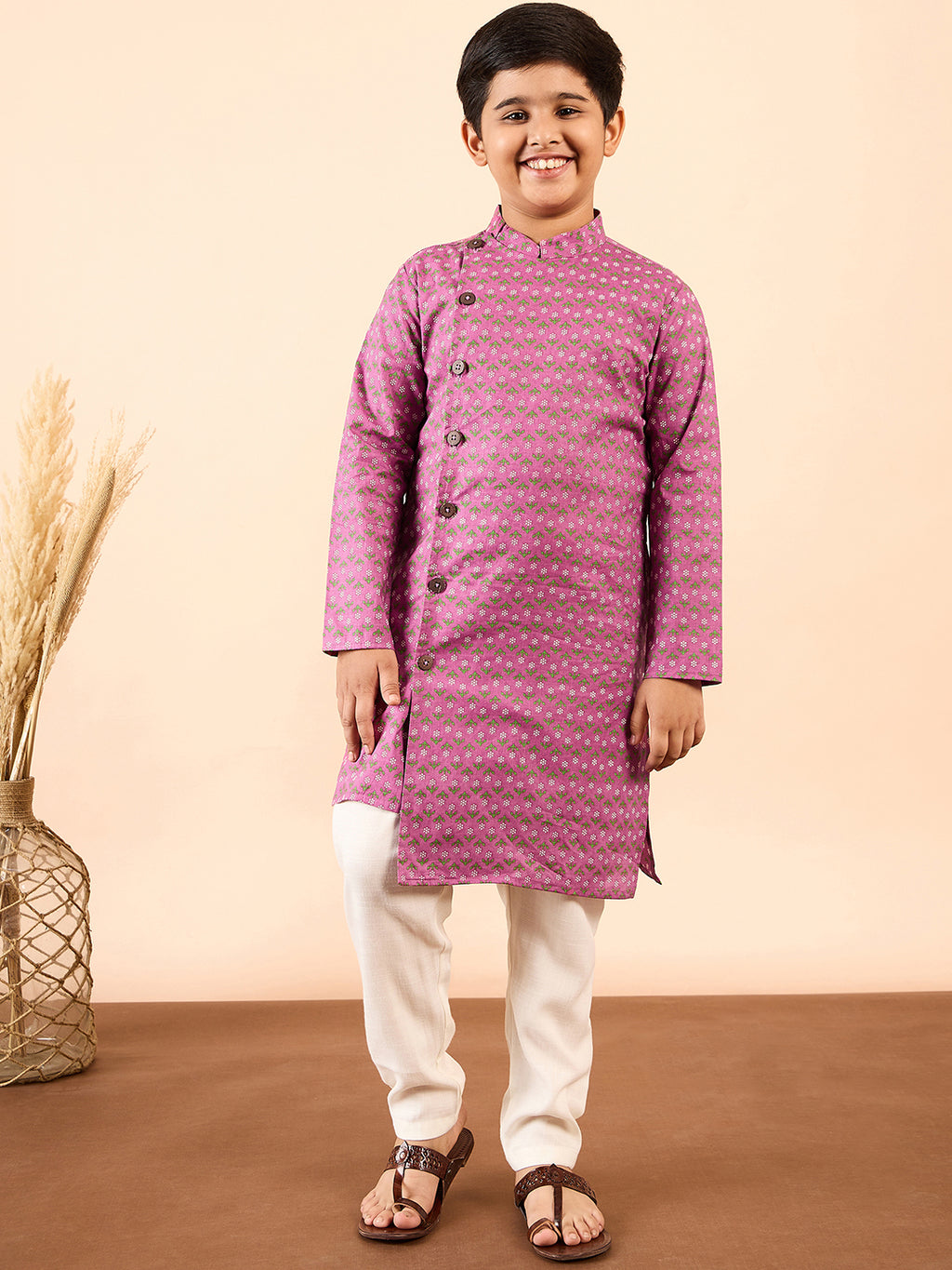 Boys Ankle Length Printed Kurta Set - Purple